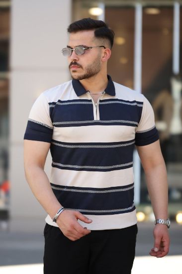 Erkek Yakalı Fermuarlı çift Renk Kısa Kollu T-shirt resmi
